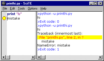 Python インタプリタを通した後の SciTE 。上記の説明通り。ただし英語のまま。